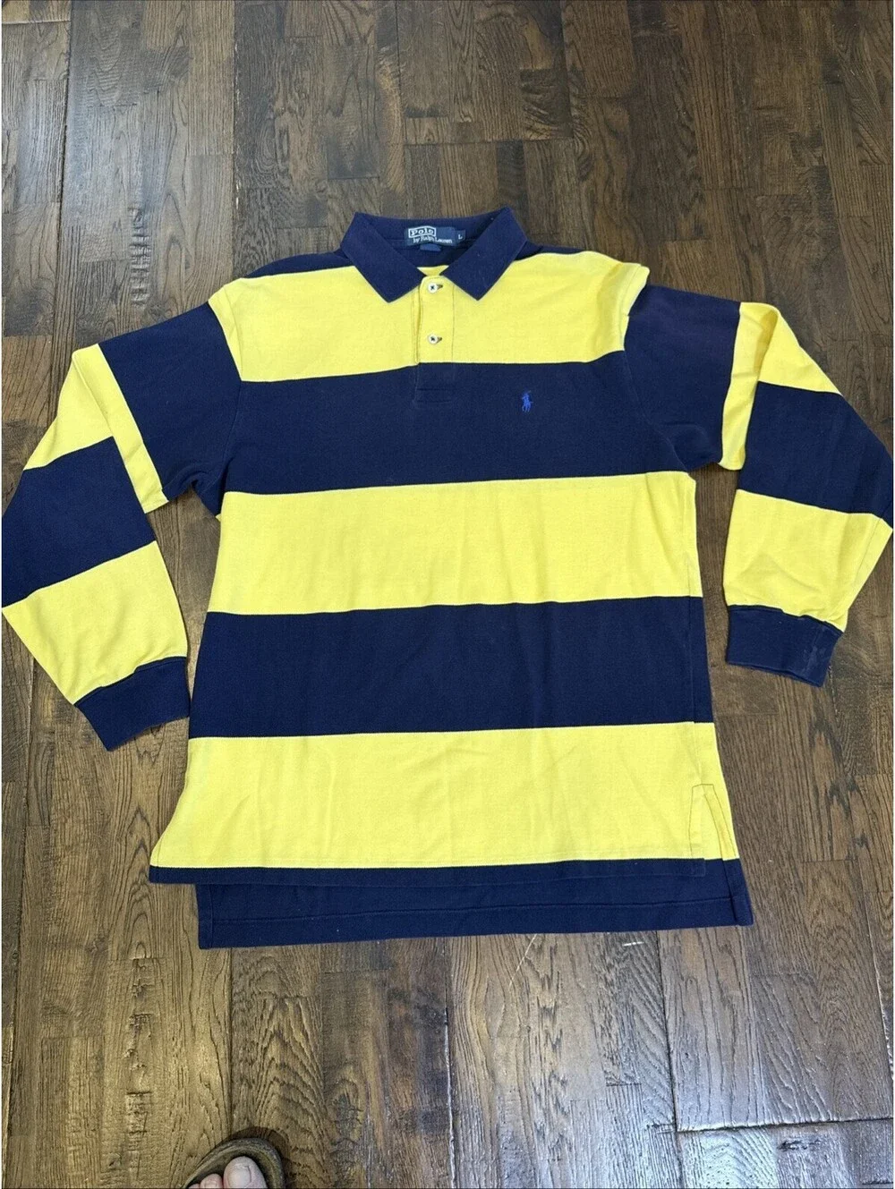 Vintage 90s Polo Ralph Lauren Striped Long Sleeve Shirt Men’s Large Yellow Navy